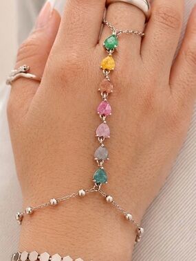 3/$40! Platinum Plated Rainbow Crystal Heart Hand Chain Rhodium Slave Bracelet